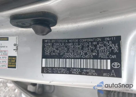 2011 Toyota Prius Two from USA, damaged, VIN JTDKN3DU6B1424515